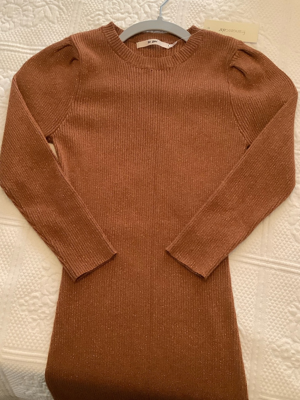Francesca's Sparkle Rust Brown Ribbed Puff-Sleeve Bodycon Dress - Picture 7 of 7